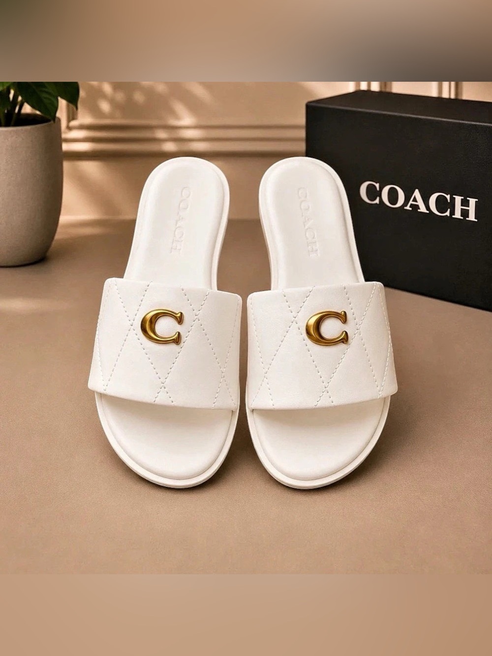 COACH Holly Quilted Leather Slide Sandals White